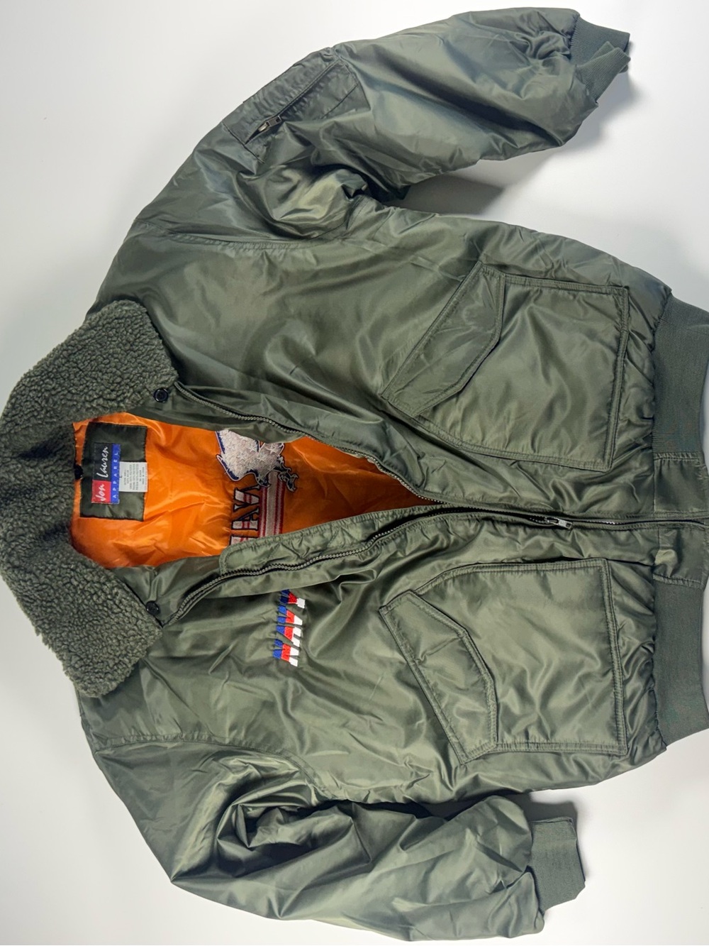 US Navy Olive Green Men's Bomber Jacket with Sherpa Collar